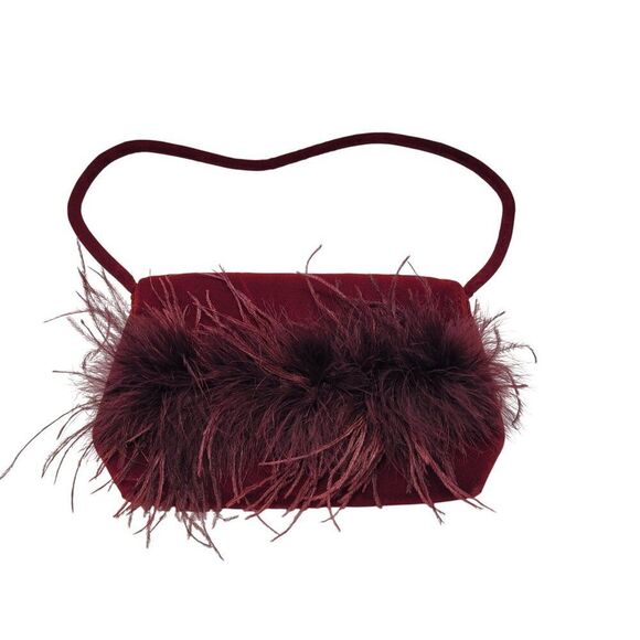 Vtg BeBe Red Maroon Wine Velvet Evening Bag Feather Fringe Formal Shoulder Bag - Picture 1 of 16